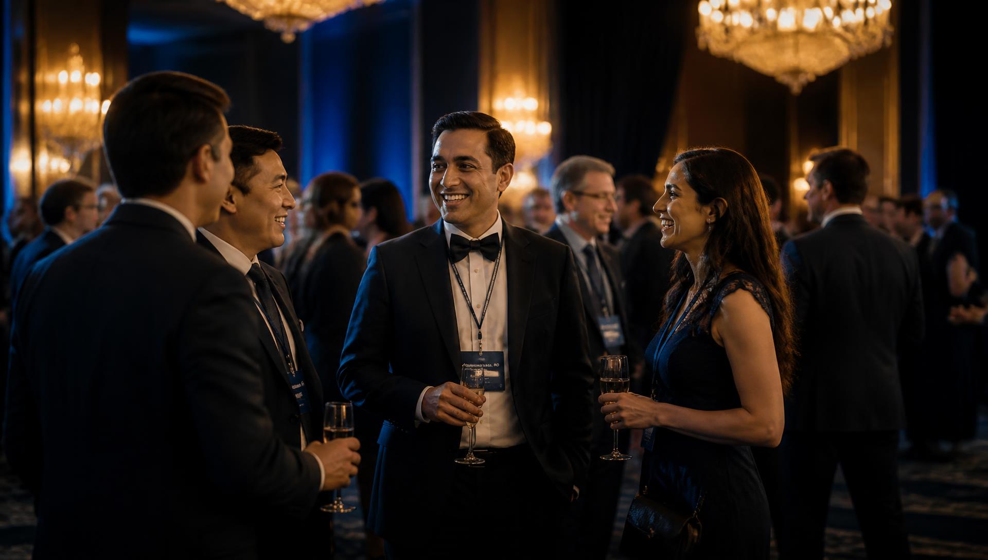 Doctors networking at an elegant hotel ballroom reception